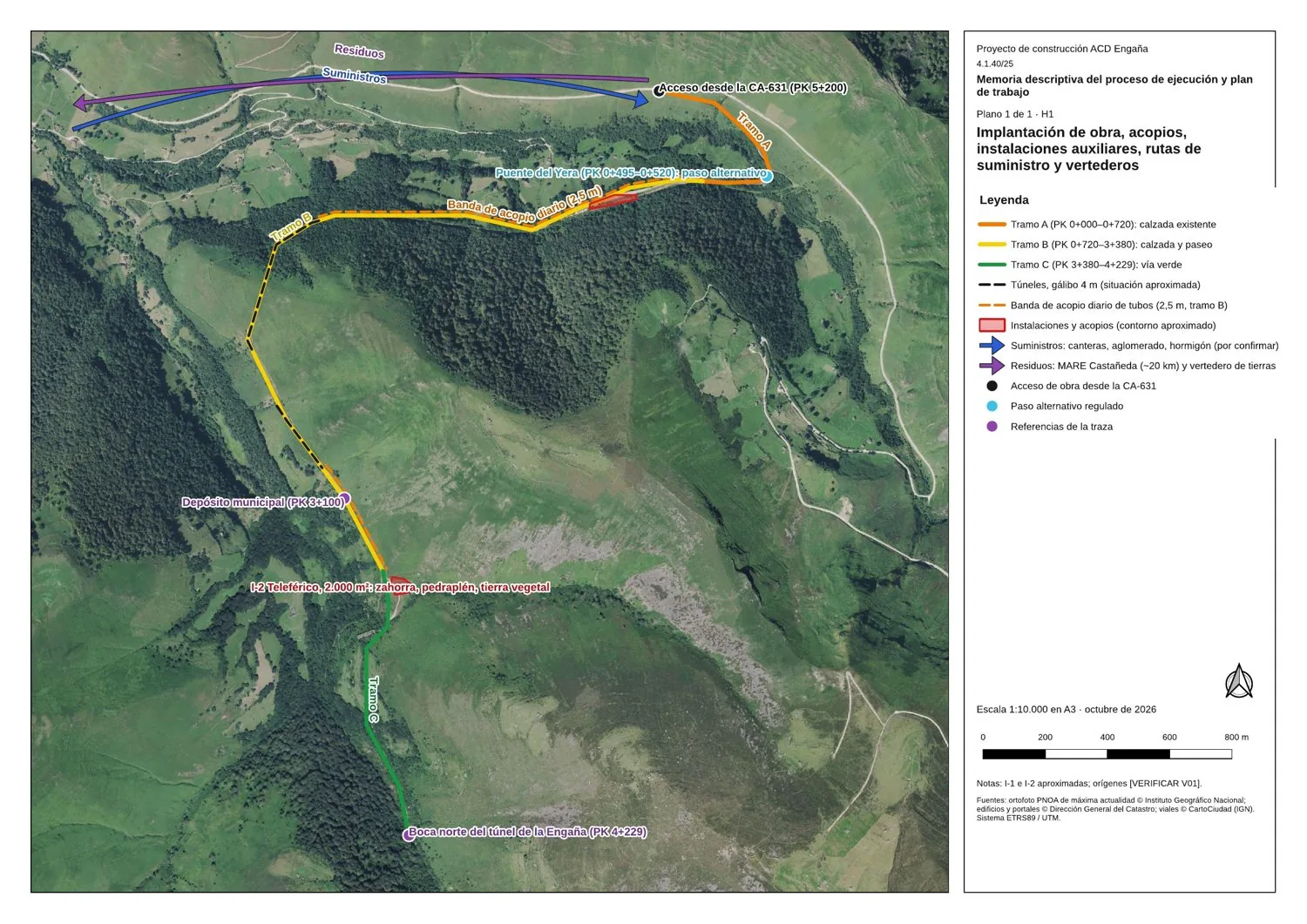 Plano de implantación de obra dibujado por Plica: los tramos de la traza sobre ortofoto, las zonas de acopio, las rutas de suministro y de residuos, con su cajetín, leyenda, escala y norte.